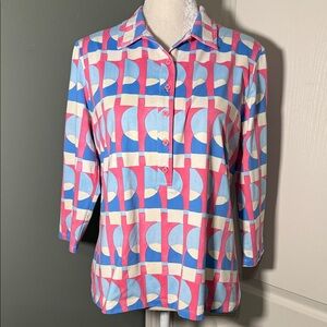 J.McLaughlin Geometric Print Polo Top 3/4 Sleeve Stretch Knit Size XL